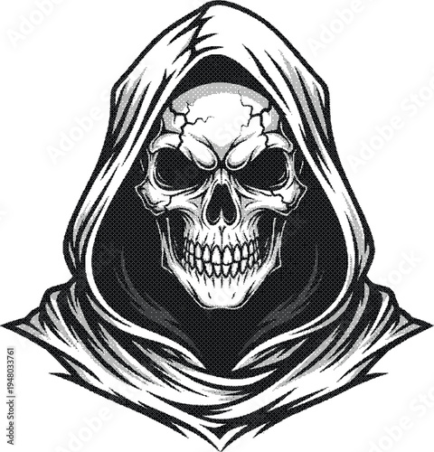 grunge dotted texture Grim reaper skull in hooded cloak isolated on transparent background