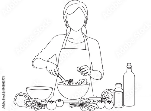 Minimalist line art of a woman in an apron preparing a fresh salad with vegetables.