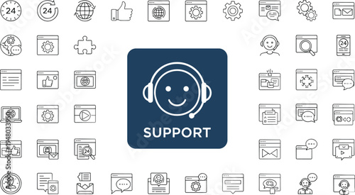 Customer service and technical support line icon set featuring 24 hour assistance global communication and professional help desk symbols.