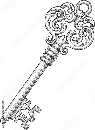 Halftone Vintage Ornamental Skeleton Key Antique Vector Illustration