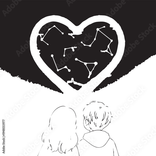 Two Silhouetted Figures Gaze at a Heart Shaped Night Sky.