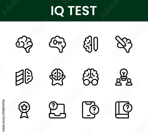 IQ Test icon set. IQ Test Professional Line Icon Collection includes modern clean and unique vector icons for brain training and reasoning.