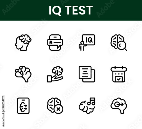 IQ Test icon set. IQ Test Modern Line Icon Pack offers professional minimal vector graphics for logic, memory, and problem-solving.