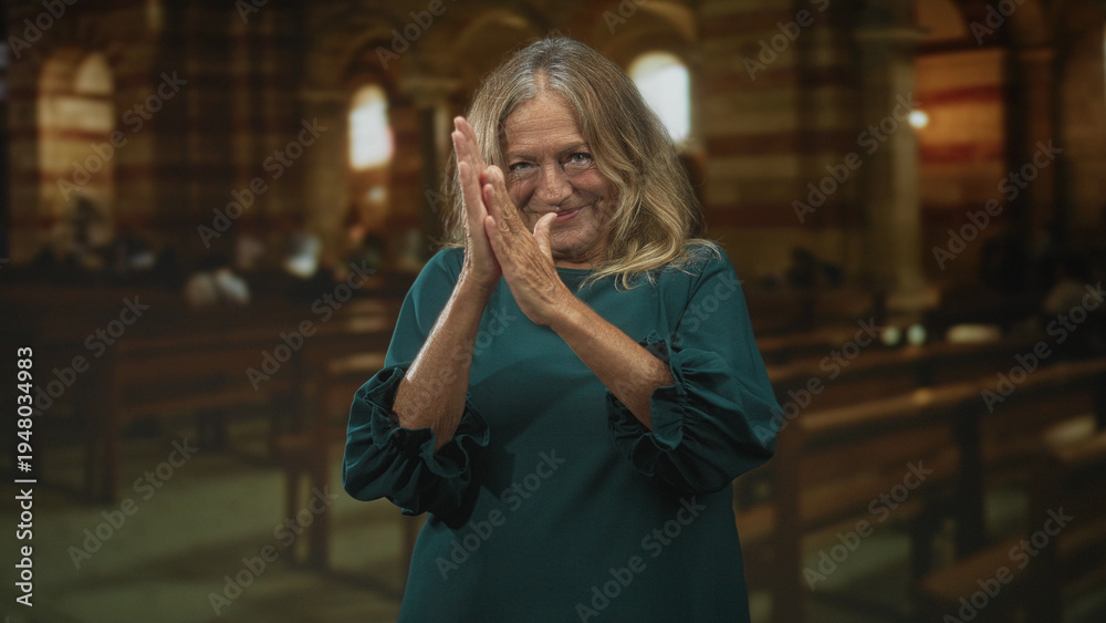 Fototapeta premium Senior woman claps hands inside a church among wooden pews, smiling with palms together and slight nod; gratitude reflection.