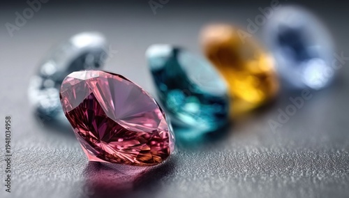 Assortment of colorful faceted gemstones sparkling on a textured surface