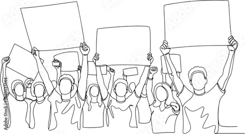 Continuous line art of a crowd of protesters holding blank signs and banners.
