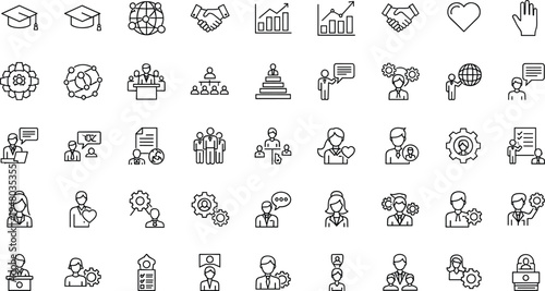 Business management line icons set leadership teamwork communication outline collection