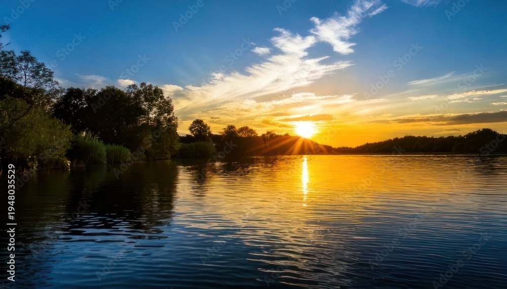 Fototapeta premium Serene sunset over a tranquil lake reflecting golden light.