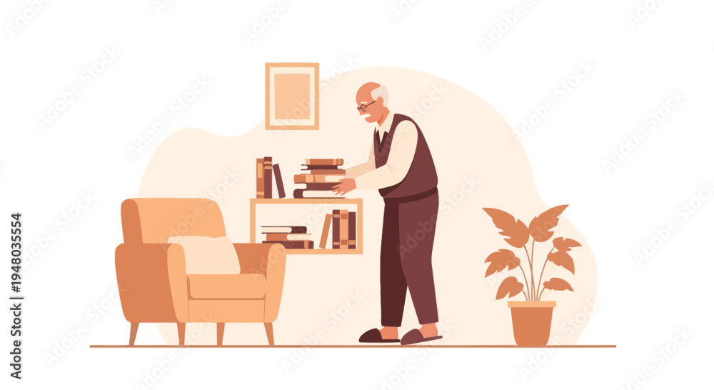 Fototapeta premium Elderly Man Arranging Books on Shelf in Cozy Living Room, Vintage Style