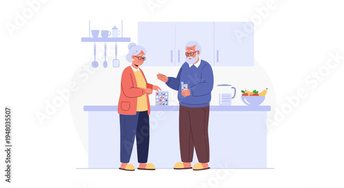 Elderly Couple in Kitchen Discussing Medication, Healthy Lifestyle Concept