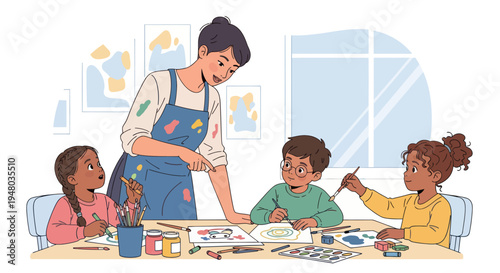 Art Class: Teacher Guiding Diverse Children Painting and Drawing at Table