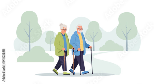 Elderly couple walking with canes in a park, enjoying retirement and healthy lifestyle