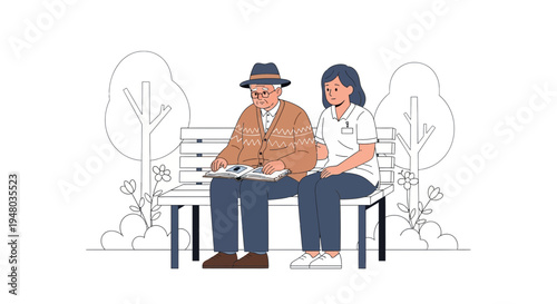 Elderly man and caregiver sitting on park bench, reading book, enjoying nature