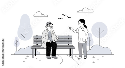 Elderly man and caregiver talking on a park bench, enjoying nature and conversation.