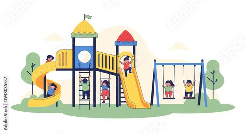 Vibrant cartoon playground with children playing on slides and swings