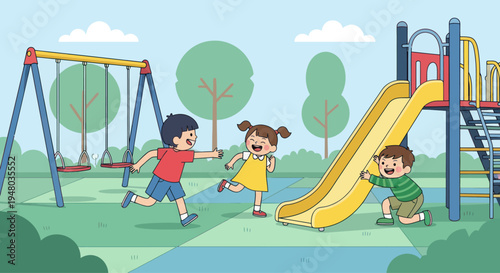 Happy Diverse Children Playing on Playground Slide and Swings