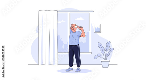 Elderly man doing exercise at home, stretching arm, healthy lifestyle