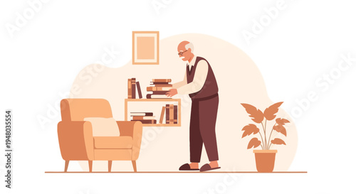Elderly Man Arranging Books on Shelf in Cozy Living Room, Vintage Style