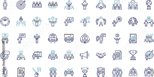 Business success leadership icons set teamwork achievement strategy outline collection illustration