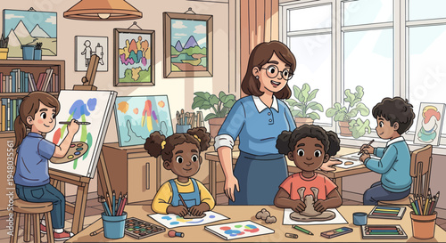 Children's Art Class: Teacher Guides Kids Painting, Drawing, and Sculpting