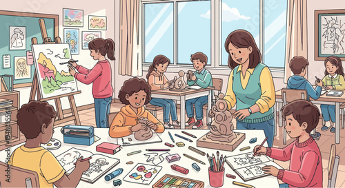 Children's Art Class: Young students painting, drawing, and sculpting with teacher