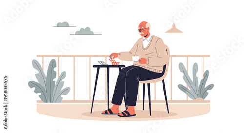 Elderly Man Enjoying Coffee Break on Balcony with Plants and City View