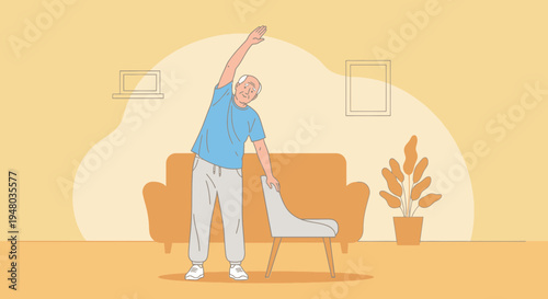 Elderly man doing stretching exercise at home, healthy lifestyle for seniors