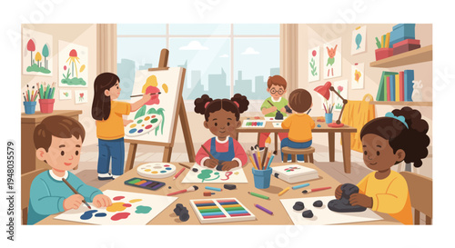 Children's Art Class: Diverse Kids Painting, Drawing, and Sculpting in Studio