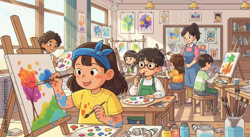 Children's Art Class: Diverse kids painting creatively in a bright, sunlit studio.