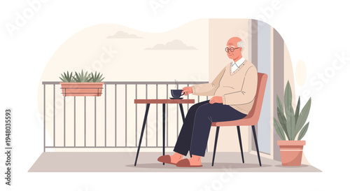 Elderly Man Enjoying Coffee on Balcony with Plants