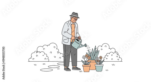 Elderly man in hat watering potted plants in garden, enjoying hobby