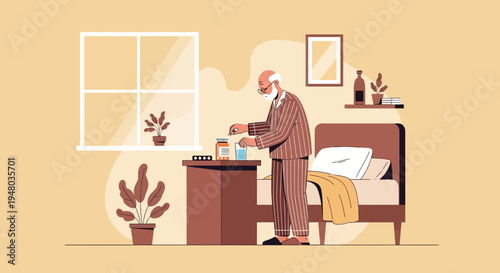 Elderly man in pajamas taking medication by bedside table with pills and water
