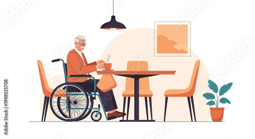 Elderly man in wheelchair enjoying coffee at table, illustration