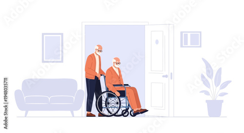 Elderly man in wheelchair being pushed by caregiver through doorway, home care assistance