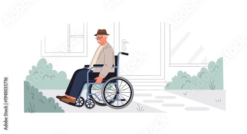 Elderly Man in Wheelchair Outside House Entrance, Accessible Home Concept