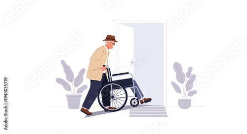 Elderly man in wheelchair entering doorway with assistance, home care concept