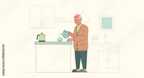 Elderly Man Pouring Tea in a Cozy Kitchen, Senior Lifestyle, Morning Routine