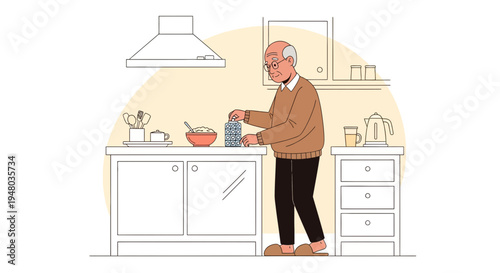 Elderly man preparing breakfast in a modern kitchen, healthy lifestyle