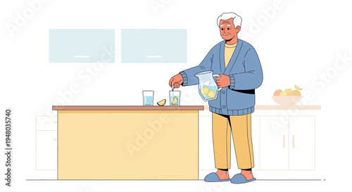 Elderly Man Preparing Lemonade in a Bright Kitchen