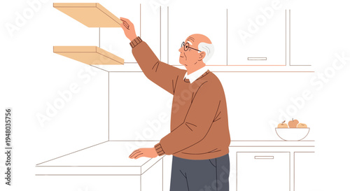 Elderly man reaching for shelf in kitchen, senior, home, domestic life, healthy aging