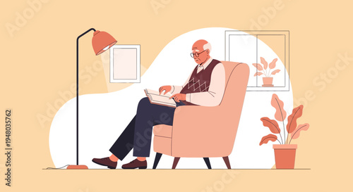 Elderly man reading a book in a comfortable armchair at home, relaxed lifestyle