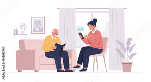 Elderly man reading book on sofa, young woman using smartphone in living room, generational connection