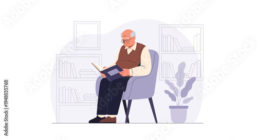 Elderly Man Reading Book in Armchair at Home, Cozy Lifestyle