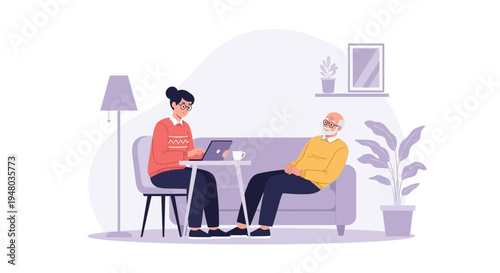 Elderly man receives home care from a nurse or caregiver using a laptop