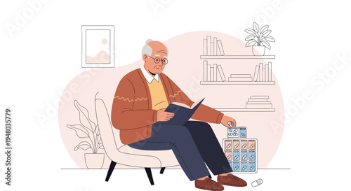 Elderly Man Reading Book Relaxing at Home with Medication Nearby
