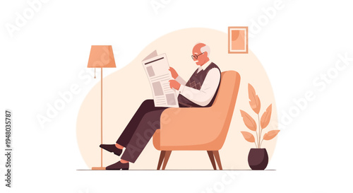 Elderly man relaxing in armchair reading newspaper at home, cozy interior, warm lighting