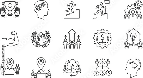 Business success motivation icons set leadership growth achievement outline collection illustration