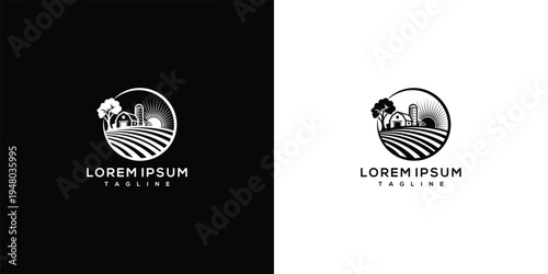 Farm Logo Design with Barn Fields Tree  Sun in Monochrome Circle Emblem.