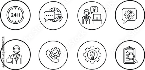 Customer service and technical support line icon set featuring 24 hour assistance global communication and professional help desk symbols.