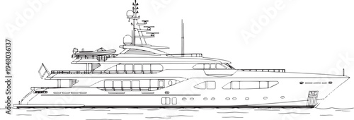 Detailed line art illustration of a luxury motor yacht side view